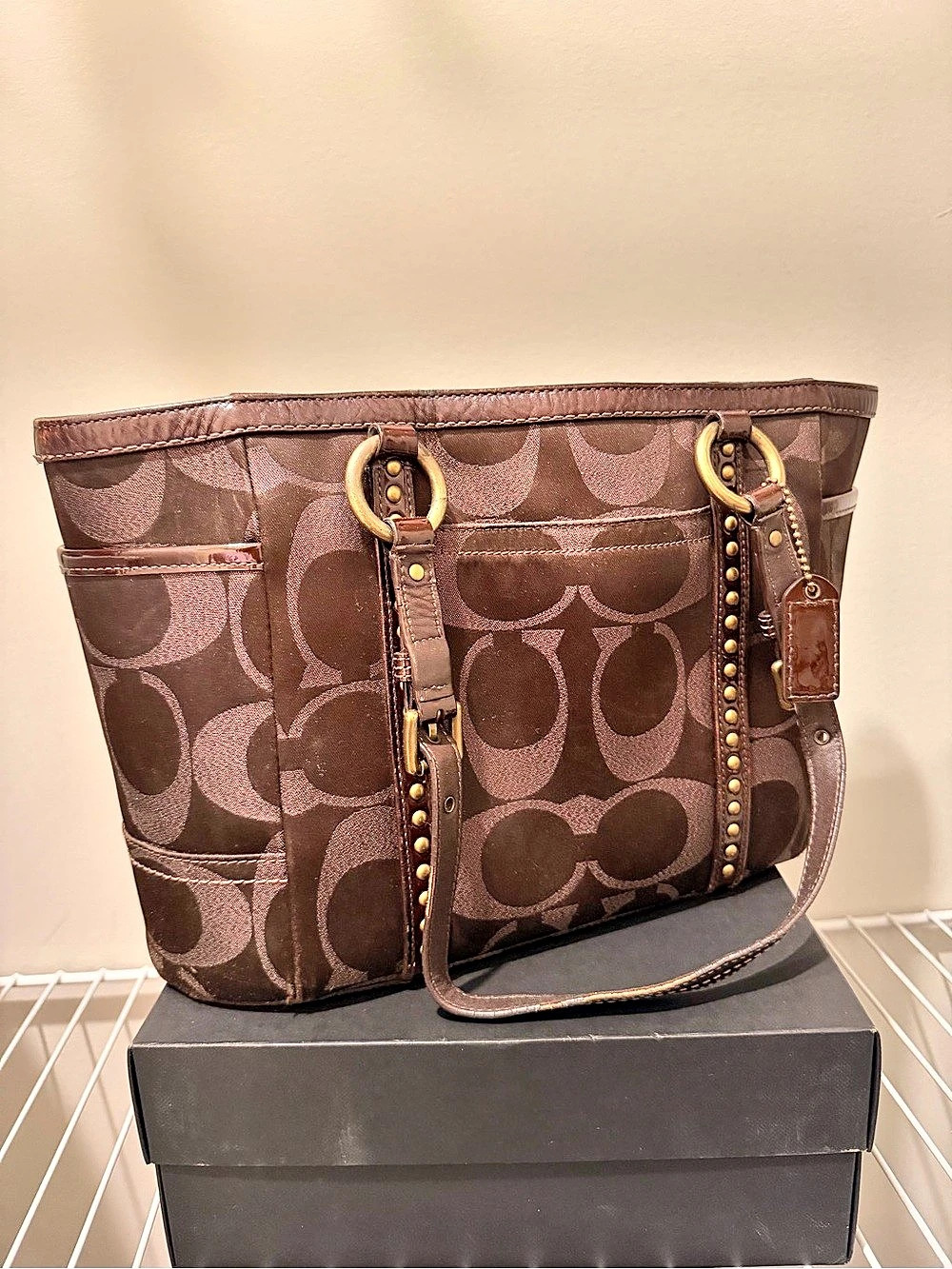 Coach Studded Signature Gallery Tote Brown